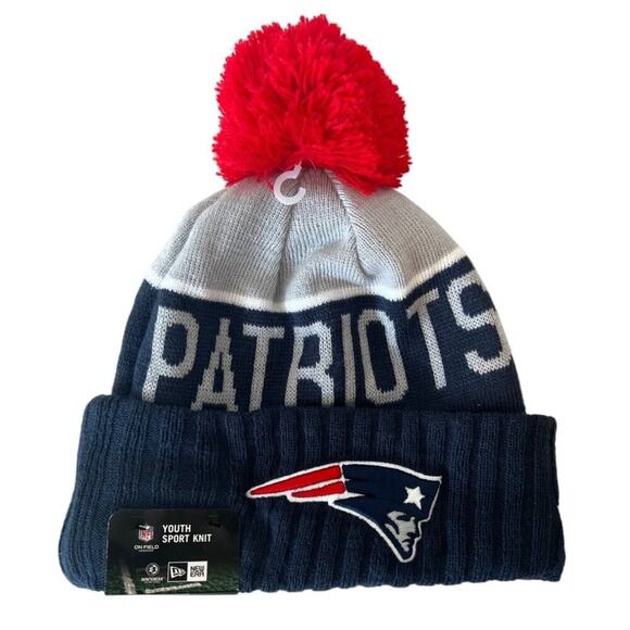 New Era Patriots Youth Sport Knit Beanie  NFL Winter Hat With Pom Pom, NWT - Picture 1 of 4